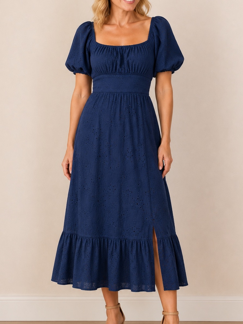 London Times Eyelet Midi Dress Puff Sleeve Square Neck Navy Blue Size 14